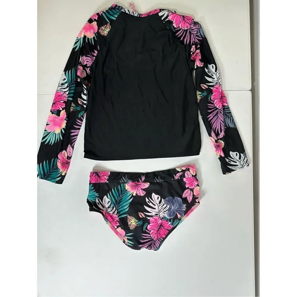 Justice Girl Rash Guard SET 2 pc Black Floral  Swimsuit UPF 50+ Sz16-18(XL)